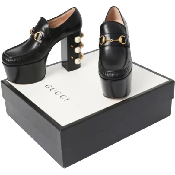 Gucci Shoes - Gucci Black Leather Pearl Studded Vegas Platform Loafer Pumps Size 36